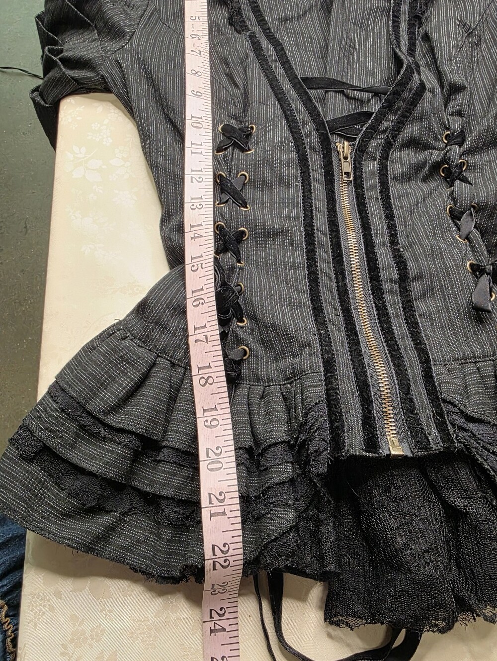 Spin Doctor Victorian Goth Pinstripe Corset Top - Velvet Lace Up Bell Sleeve Jac - Picture 8 of 12
